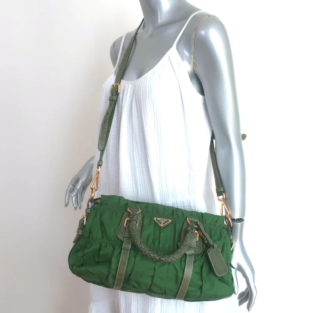 Prada Tessuto Gaufre Braided Handle Satchel Green Nylon Medium Crossbody Bag - Picture 2 of 12